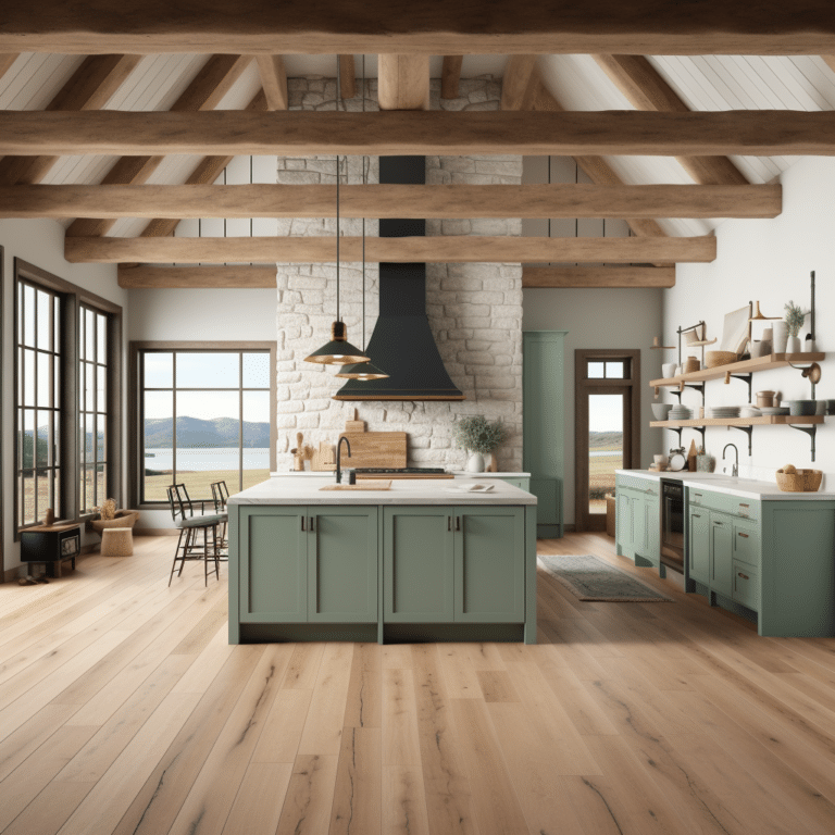 Green cabinets with lighter wood flooring