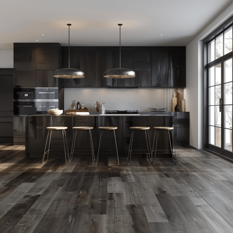 Dark Espresso Cabinets with dark wood flooring